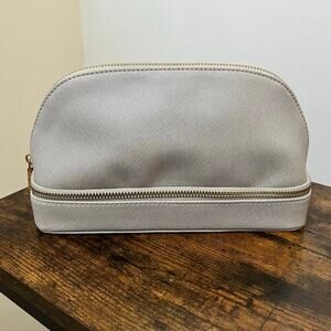 Stackers Taupe Faux Leather 2 Zipper Compartments Cosmetic Makeup Travel Bag